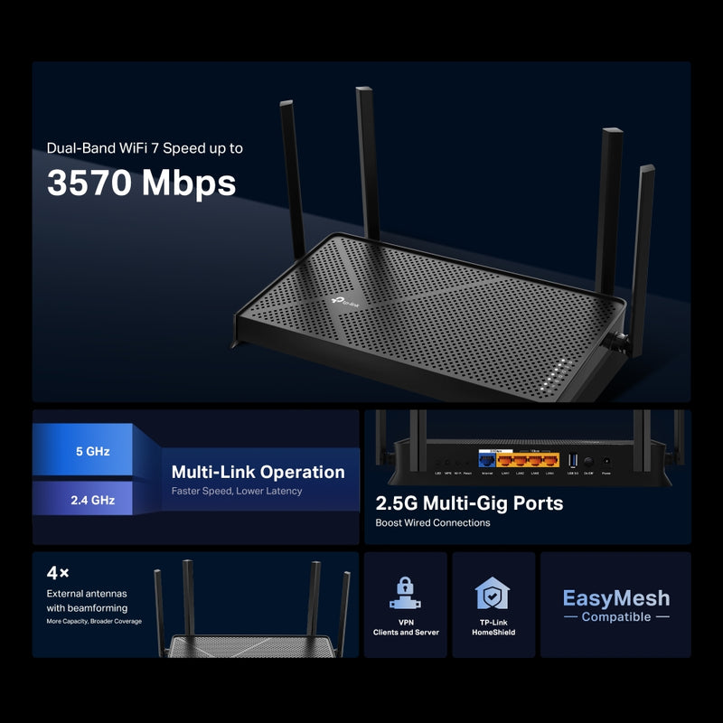 TP-Link Archer BE230, BE3600 Dual-Band Wi-Fi 7 Router