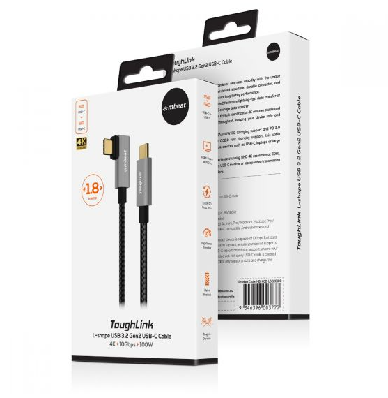 mbeat Tough Link 1.8m L-Shape USB 3.2 Gen2 USB-C Cable - Space Grey