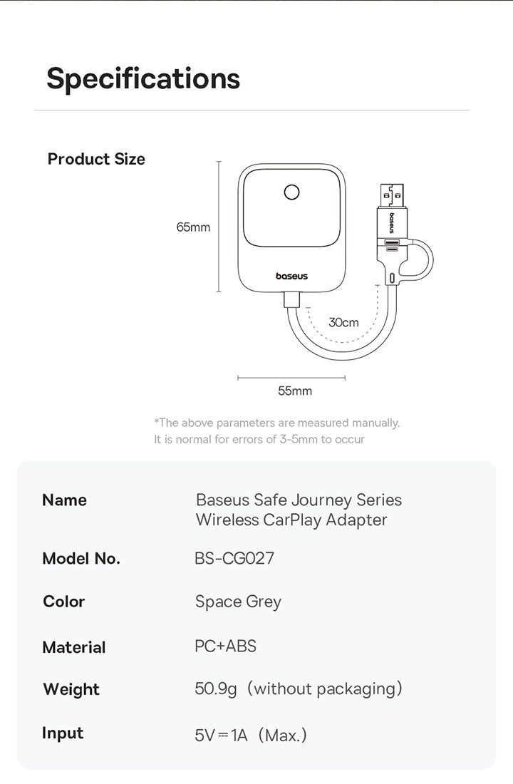 OS-Baseus SafeJourney Series Wireless CarPlay Adapter Space Grey