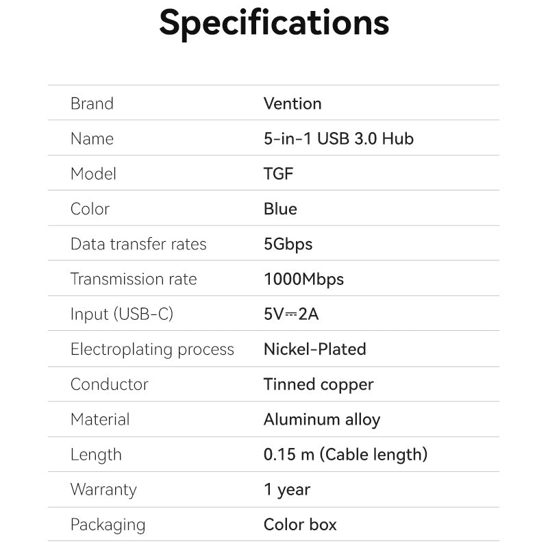 Vention USB 3.0 to USB 3.0 x 3/RJ45/USB-C Hub 0.15M Blue Aluminum Alloy Type