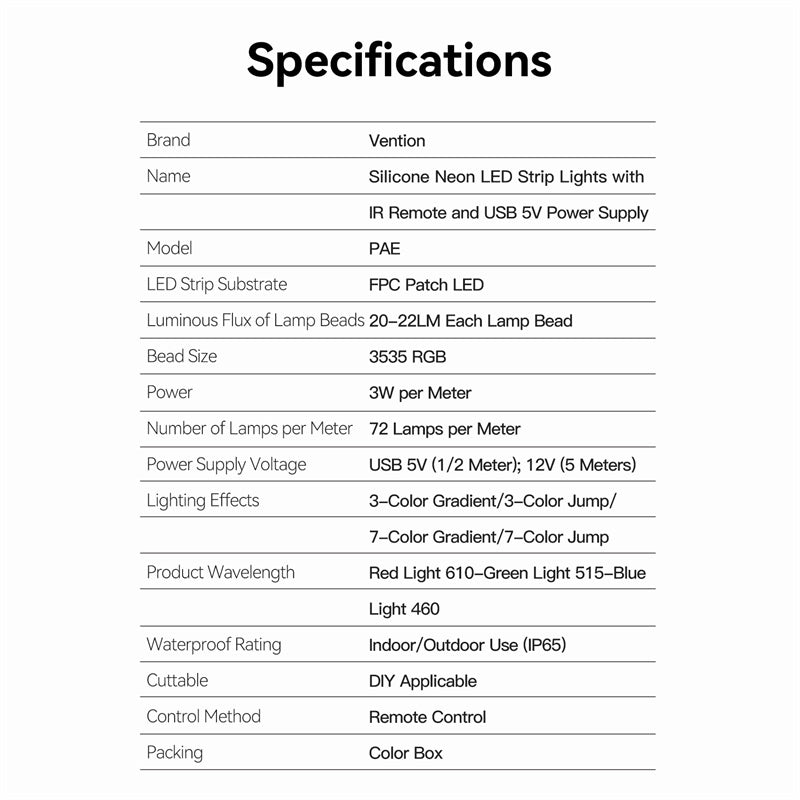 Vention Silicone Neon LED Strip Lights with IR Remote and USB 5V Power Supply 2M