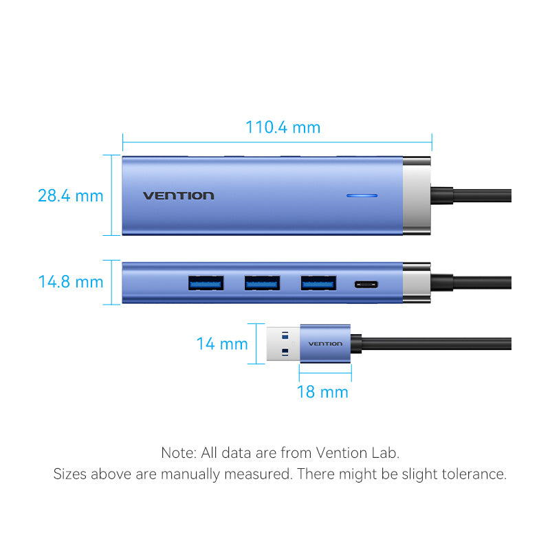 Vention USB 3.0 to USB 3.0 x 3/RJ45/USB-C Hub 0.15M Blue Aluminum Alloy Type