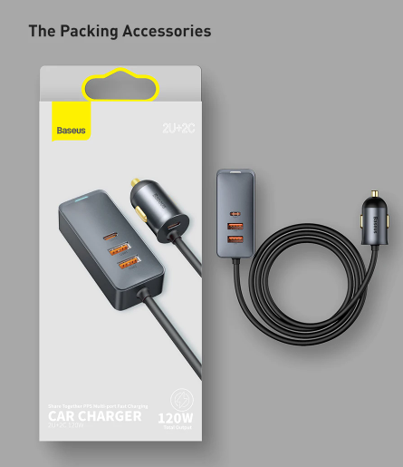 Baseus Share Together PPS multi-port Fast charging car charger with extension cord 120W 2U+2C Gray