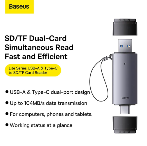 Baseus Lite Series USB-A & Type-C to SD/TF Card Reader Grey