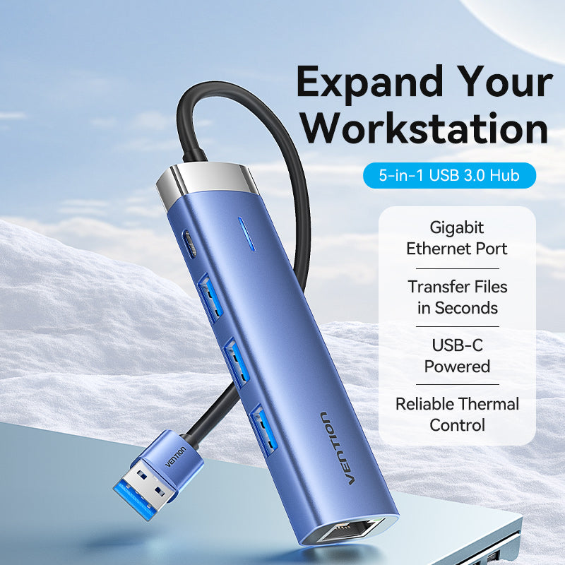 Vention USB 3.0 to USB 3.0 x 3/RJ45/USB-C Hub 0.15M Blue Aluminum Alloy Type