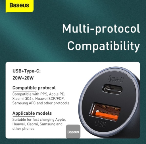 Baseus Golden Contactor Pro Dual Quick Charger Car Charger U+C 40W（With Baseus Simple wiring USB For Type-C 5A 1.0m）Dark Gray