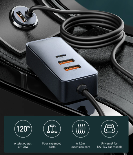 Baseus Share Together PPS multi-port Fast charging car charger with extension cord 120W 2U+2C Gray