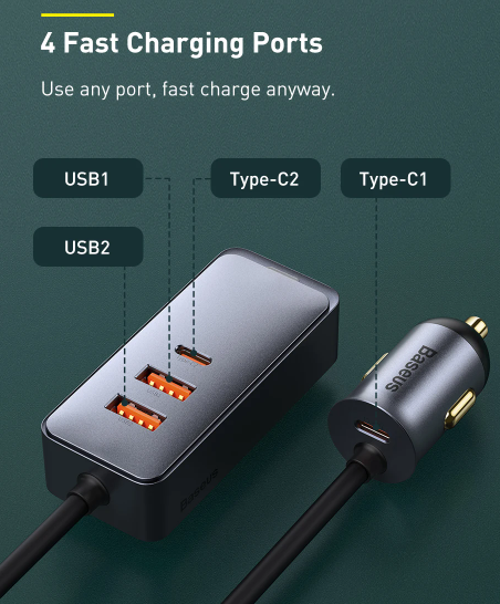 Baseus Share Together PPS multi-port Fast charging car charger with extension cord 120W 2U+2C Gray