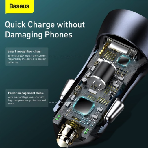 Baseus Golden Contactor Pro Dual Quick Charger Car Charger U+C 40Wï¼ˆWith Baseus Simple wiring USB For Type-C 5A 1.0mï¼‰Dark Gray