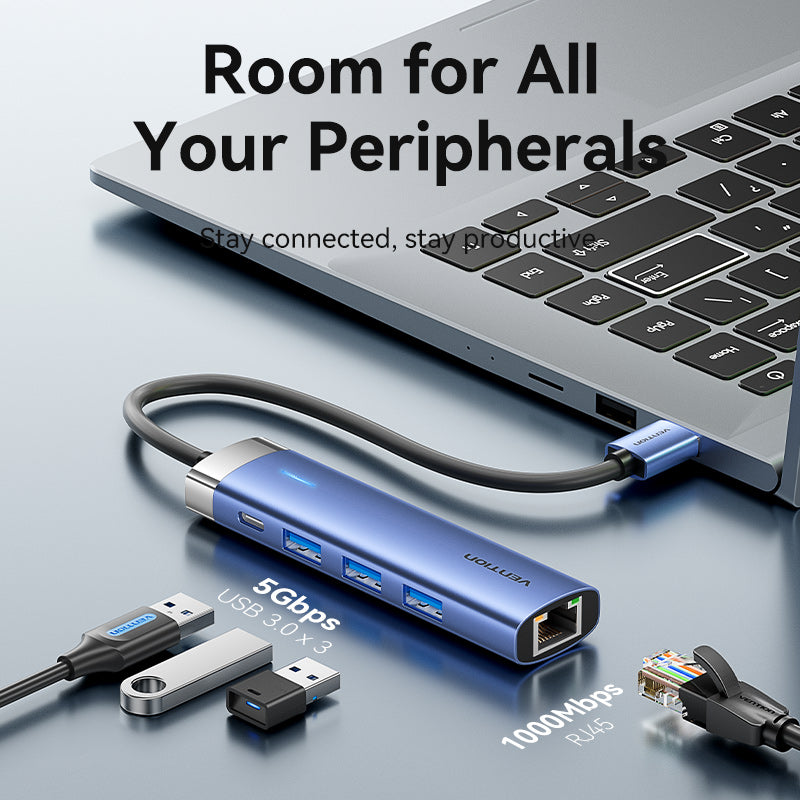 Vention USB 3.0 to USB 3.0 x 3/RJ45/USB-C Hub 0.15M Blue Aluminum Alloy Type