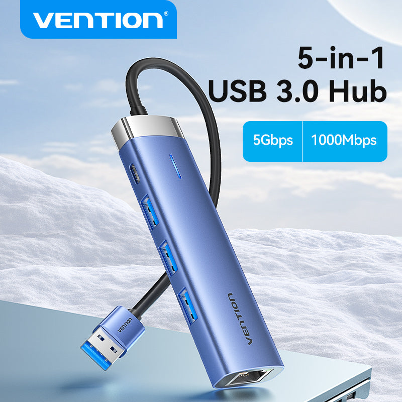 Vention USB 3.0 to USB 3.0 x 3/RJ45/USB-C Hub 0.15M Blue Aluminum Alloy Type