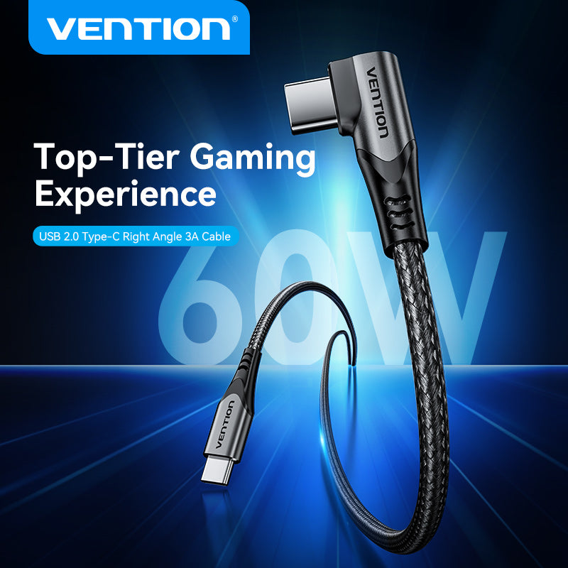 Vention USB 2.0 Type-C Male to Type-C Male Right Angle 3A Cable 2M Gray Aluminum Alloy Type