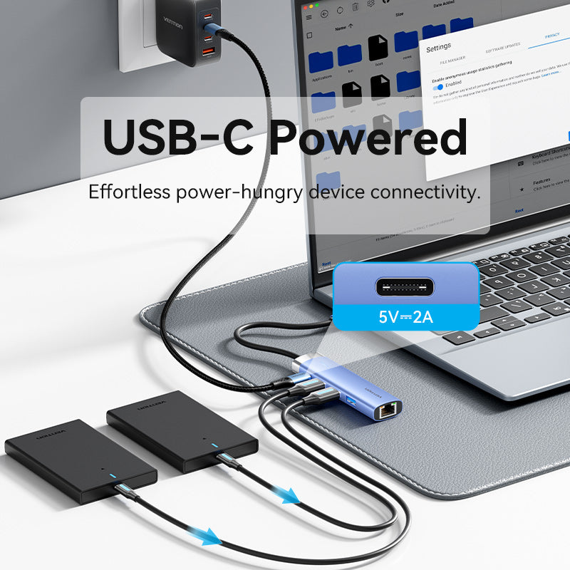 Vention USB 3.0 to USB 3.0 x 3/RJ45/USB-C Hub 0.15M Blue Aluminum Alloy Type