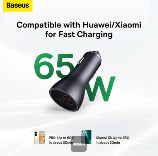 Baseus Golden Contactor Pro Triple Fast Charger Car Charger 65W U+C+C Dark Gray