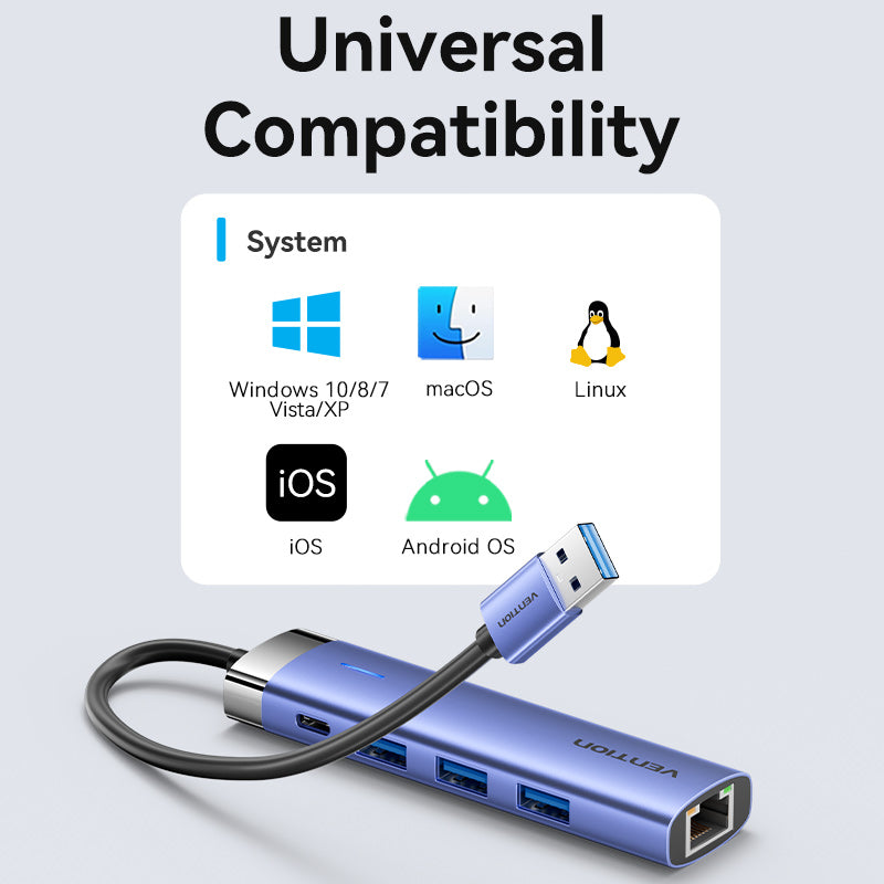 Vention USB 3.0 to USB 3.0 x 3/RJ45/USB-C Hub 0.15M Blue Aluminum Alloy Type