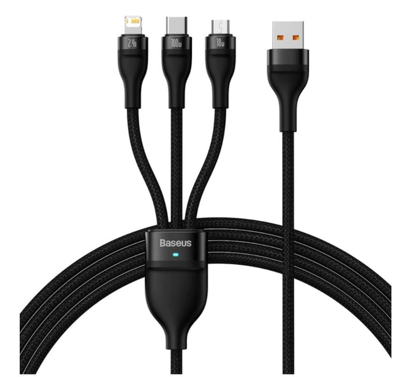 Baseus Flash Series Ⅱ, 3 Simultaneous Fast Charging Data Cable USB to Micro USB+Lightning +USB C 100W 1.2m Black