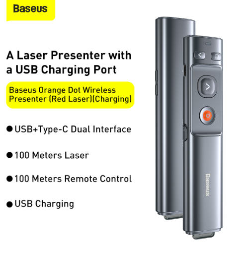 Baseus Orange Dot Wireless Presenter Rechargeable (Red Laser) Grey