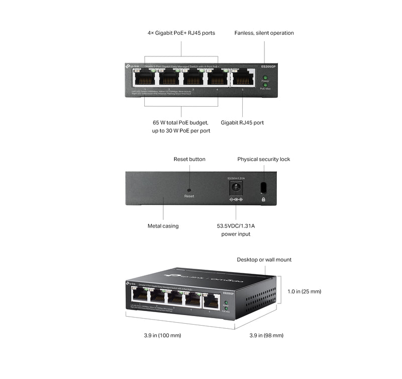 TP Link ES205GP Omada 5-Port Gigabit Easy Managed Switch with 4-Port PoE+