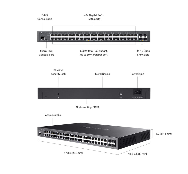 TP LINK JetStream 48-Port Gigabit and 4-Port 10GE SFP+ L2+ Managed Switch with 48-Port PoE+