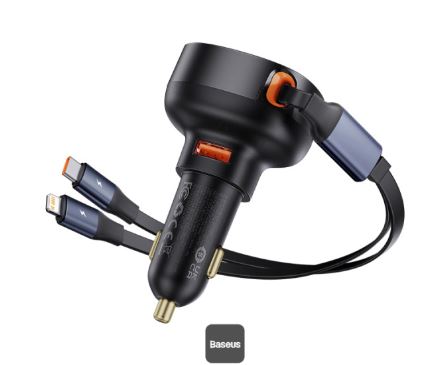 Baseus Car Charger USB-A Port + Type-C & Lightning Retractable Cable 60W Enjoyment Pro Series - Black