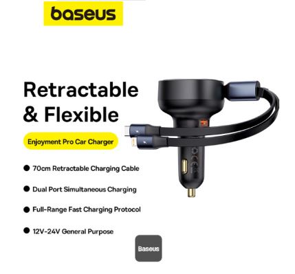 Baseus Car Charger USB-A Port + Type-C & Lightning Retractable Cable 60W Enjoyment Pro Series - Black