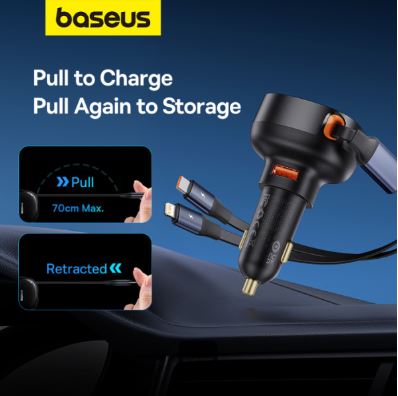 Baseus Car Charger USB-A Port + Type-C & Lightning Retractable Cable 60W Enjoyment Pro Series - Black