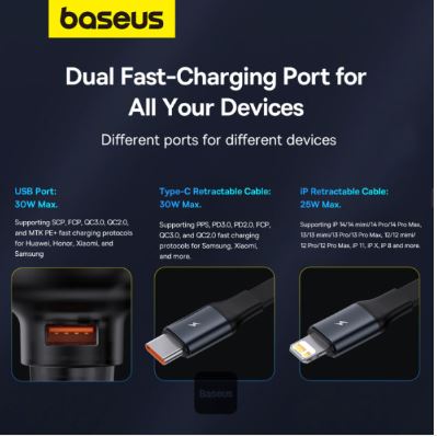 Baseus Car Charger USB-A Port + Type-C & Lightning Retractable Cable 60W Enjoyment Pro Series - Black