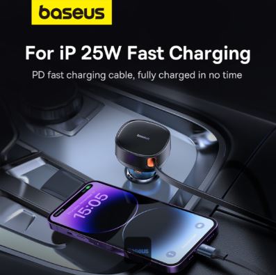 Baseus Car Charger USB-A Port + Type-C & Lightning Retractable Cable 60W Enjoyment Pro Series - Black