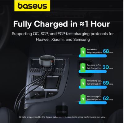 Baseus Car Charger USB-A Port + Type-C & Lightning Retractable Cable 60W Enjoyment Pro Series - Black