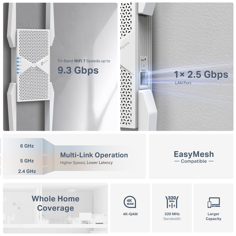 TP-Link RE655BE, BE9300 Tri-Band Wi-Fi 7 Range Extender