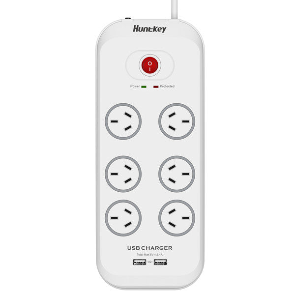 Huntkey SAC607 6 Outlet Surge Protected Powerboard with Two powered USB ports (2.4 AMP Combined)