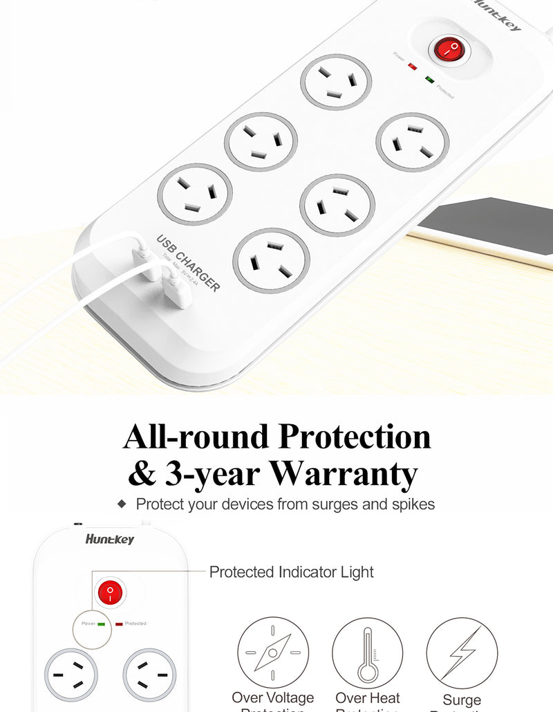 Huntkey SAC607 6 Outlet Surge Protected Powerboard with Two powered USB ports (2.4 AMP Combined)