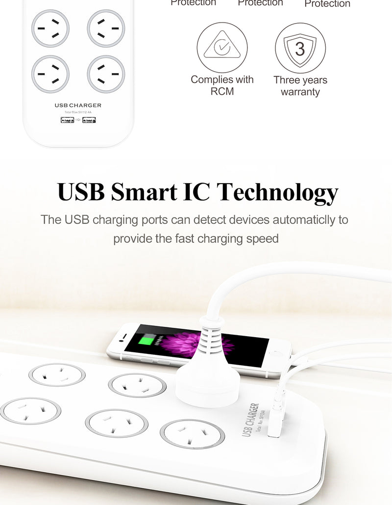 Huntkey SAC607 6 Outlet Surge Protected Powerboard with Two powered USB ports (2.4 AMP Combined)