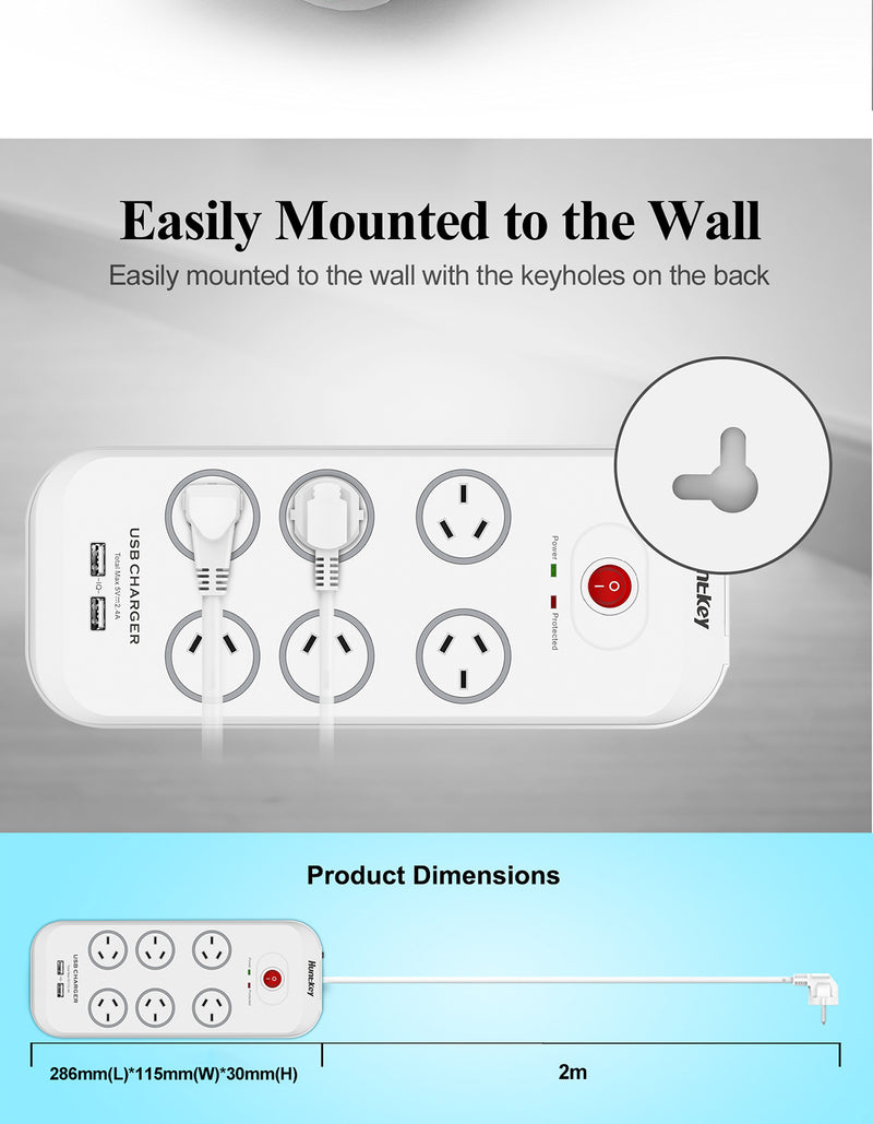 Huntkey SAC607 6 Outlet Surge Protected Powerboard with Two powered USB ports (2.4 AMP Combined)