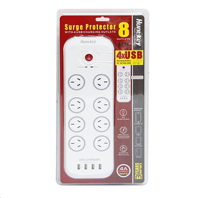 Huntkey SAC807 8 Outlet Surge Protected Powerboard with 4 USB Charging Ports Output:5V, 4A