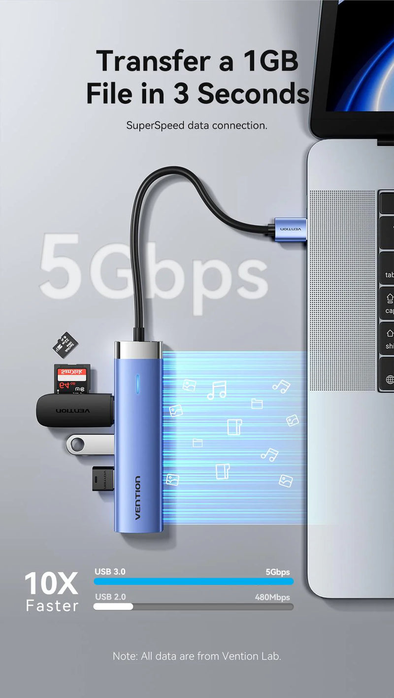 Vention USB 3.0 to USB 3.0 x 3/RJ45/USB-C Hub 0.15M Blue Aluminum Alloy Type