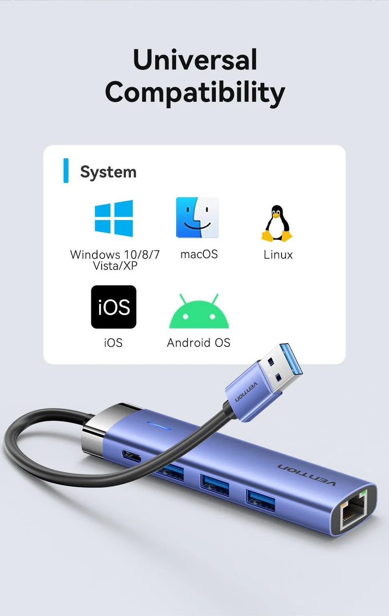 Vention USB 3.0 to USB 3.0 x 3/RJ45/USB-C Hub 0.15M Blue Aluminum Alloy Type