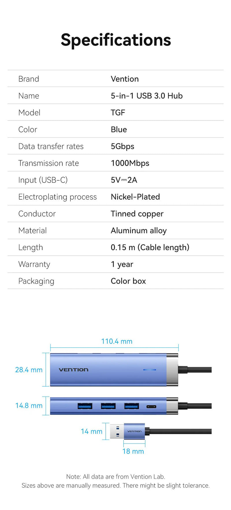 Vention USB 3.0 to USB 3.0 x 3/RJ45/USB-C Hub 0.15M Blue Aluminum Alloy Type