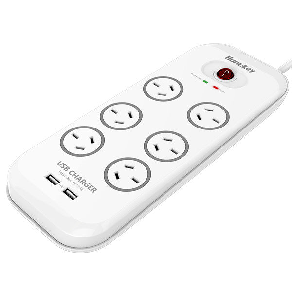 Huntkey SAC607 6 Outlet Surge Protected Powerboard with Two powered USB ports (2.4 AMP Combined)